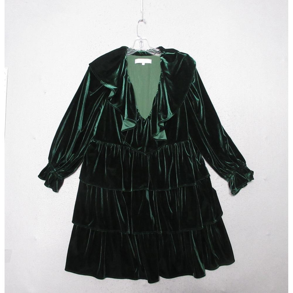Crosby‎ by Mollie Burch M Dress Green Velvet Tiered Ruffle Babydoll Mini Holiday